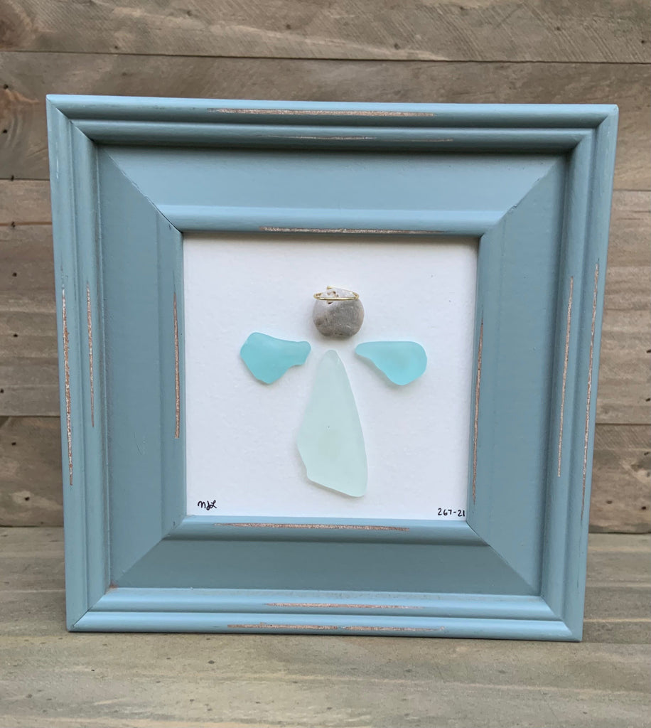 4x4 wood table top frame with sea glass angel. Made with genuine aqua blue sea glass angel wings and genuine sea foam body