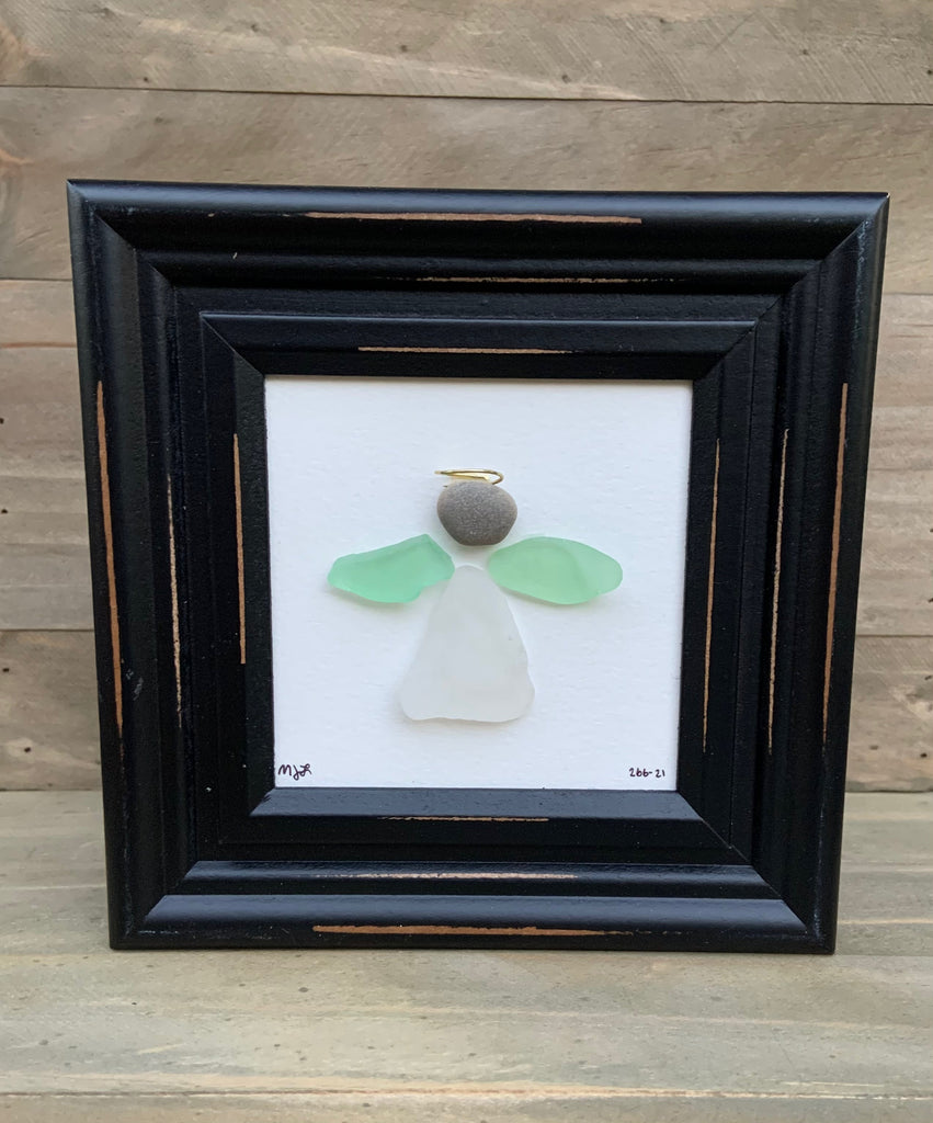 Black wood 4x4 table top frame with sea glass angel. Genuine mint green sea glass angel wings and genuine white sea glass body